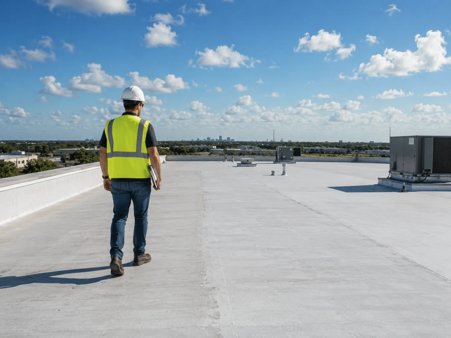 Construction professional walking across a commercial roof