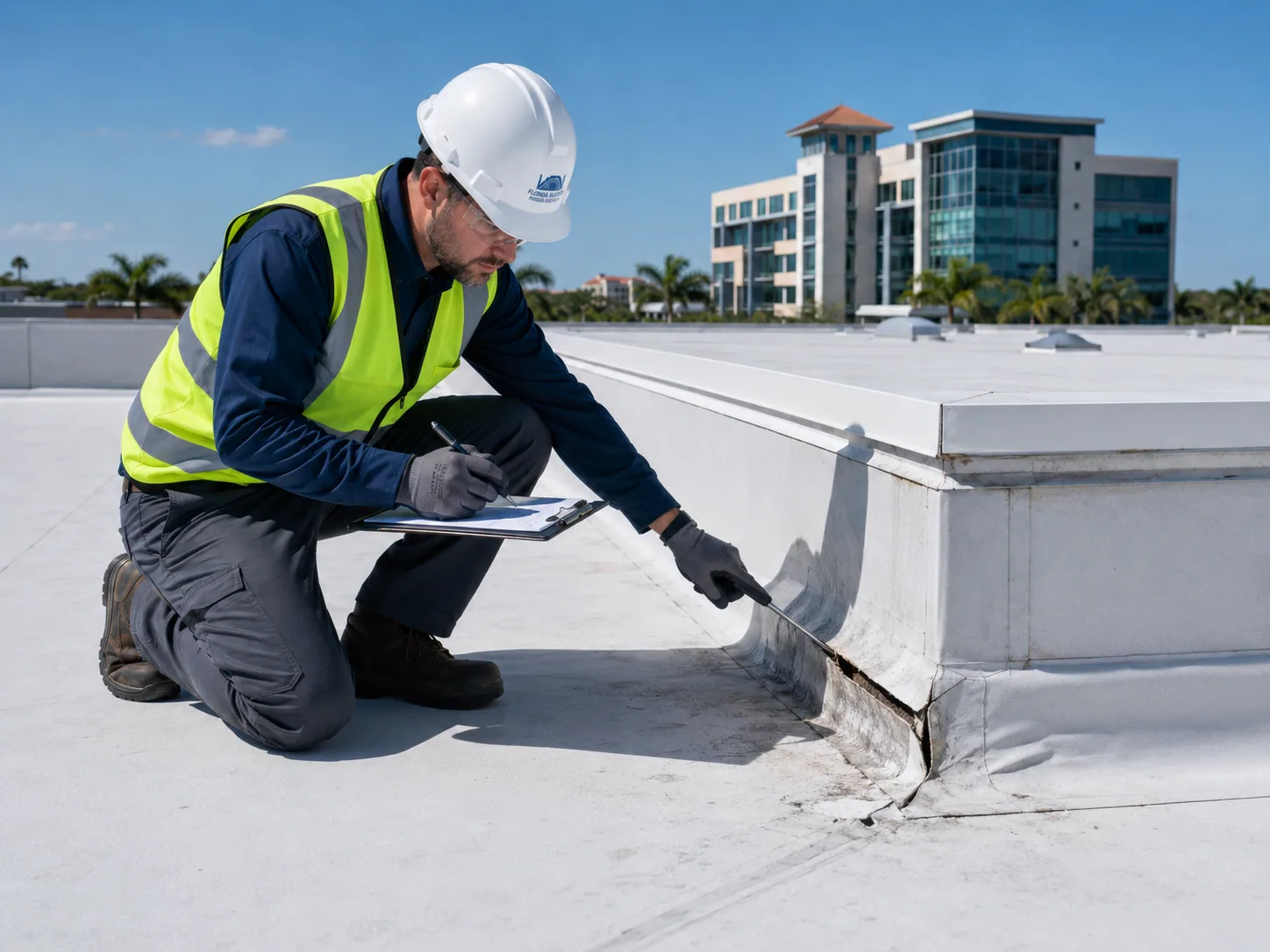 Roofing professional inspecting a commercial roof during the project process
