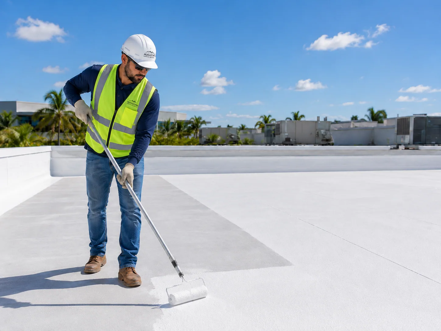 Technician applying a coating to a commercial flat roof