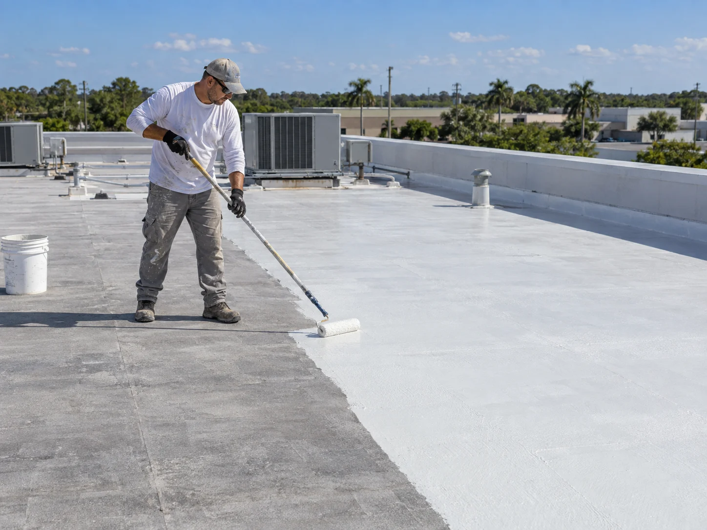 Illustration of a worker rolling a pale base coat onto a cleaned, dry commercial roof surface