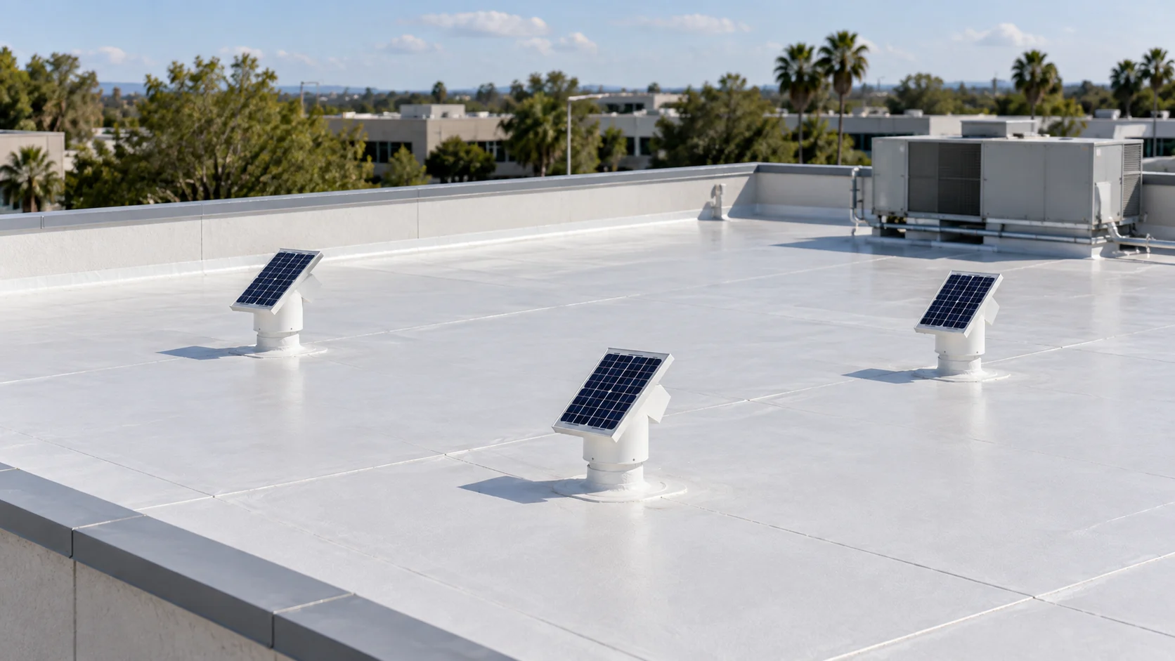 Illustration of three spaced solar-activated two-way vents on a coated commercial roof